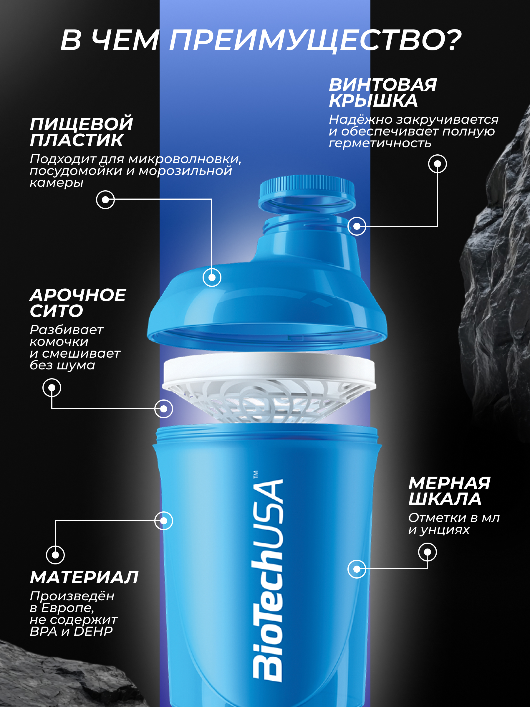 BioTechUSA Шейкер Wave + 600 ml (+200 ml +150 ml) (Синий)